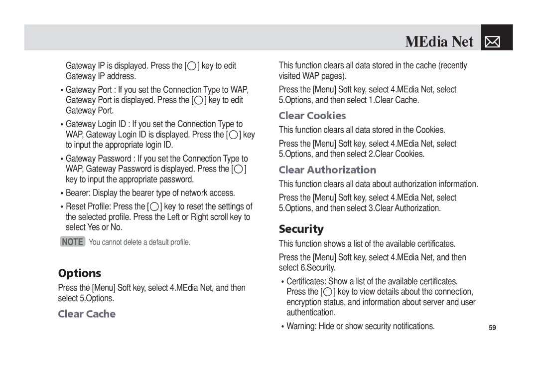 Pantech C150 manual Options, Security, Clear Cache, Clear Cookies, Clear Authorization 