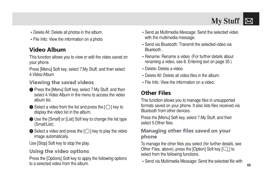 Pantech C150 manual Video Album, Other Files, Viewing the saved videos, Using the video options 