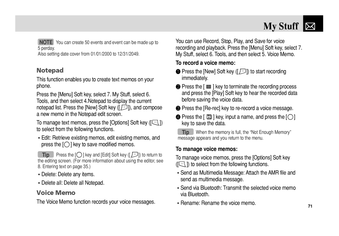 Pantech C150 manual Voice Memo, To record a voice memo, To manage voice memos, Rename Rename the voice memo 