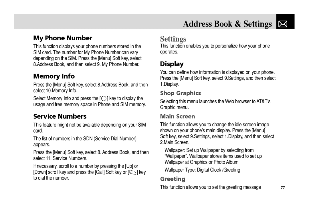 Pantech C150 manual Address Book & Settings, My Phone Number, Service Numbers, Display 