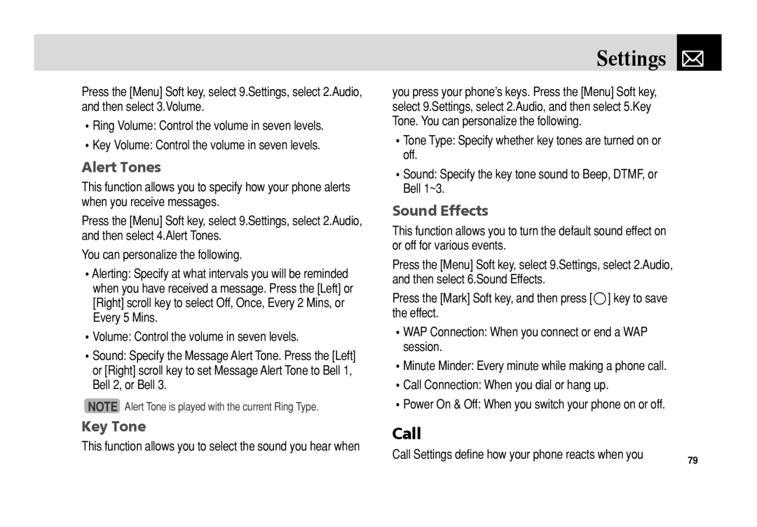 Pantech C150 manual Call, Alert Tones, Key Tone, Sound Effects 