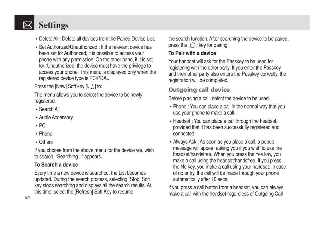 Pantech C150 manual Outgoing call device, To Search a device, To Pair with a device 