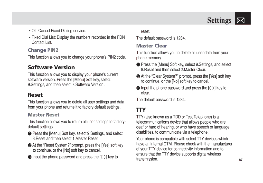 Pantech C150 manual Software Version, Change PIN2, Master Reset, Master Clear 