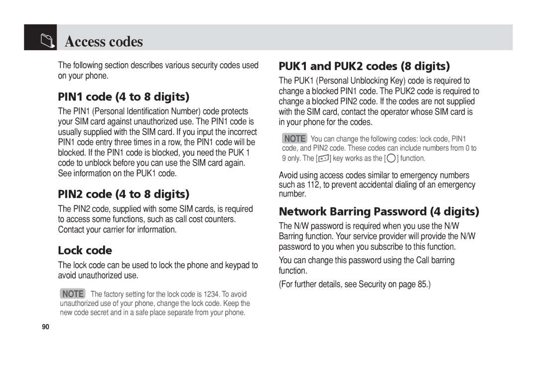 Pantech C150 manual Access codes 