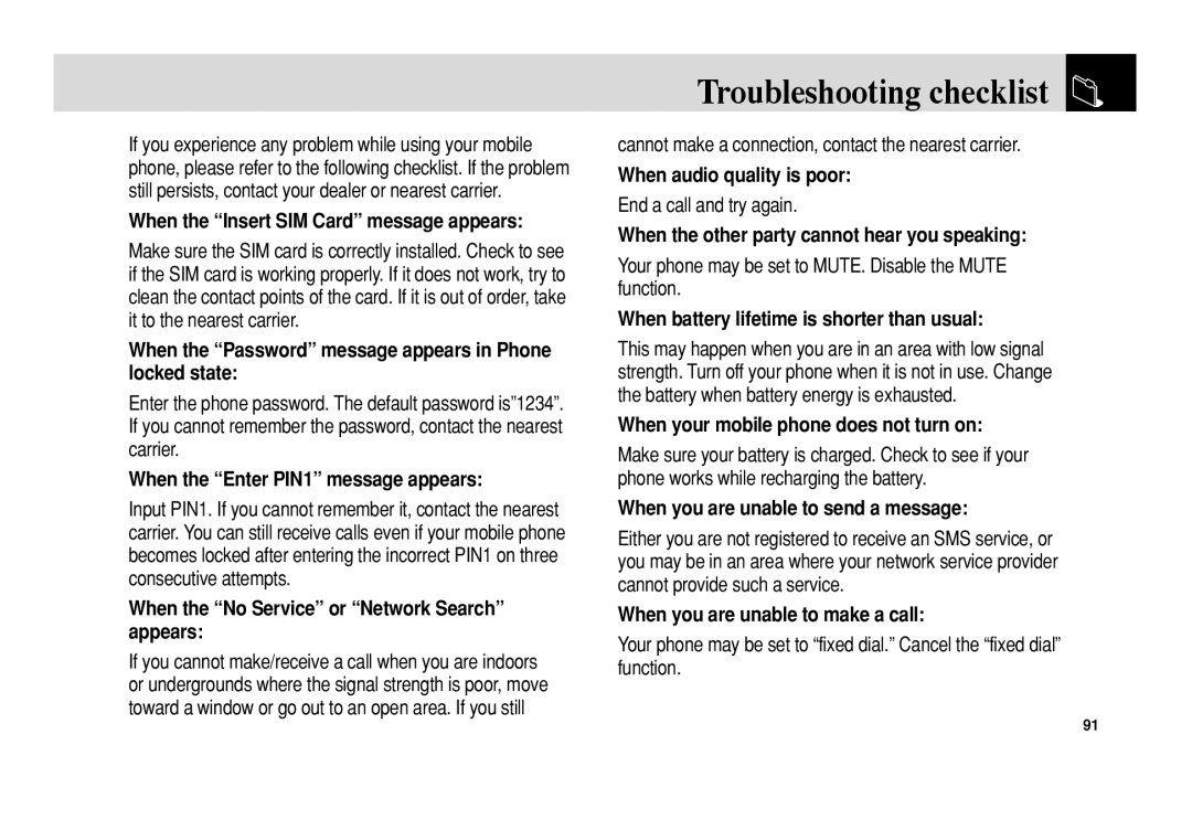 Pantech C150 manual Troubleshooting checklist 