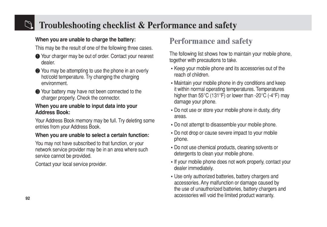 Pantech C150 manual Troubleshooting checklist & Performance and safety, When you are unable to charge the battery 