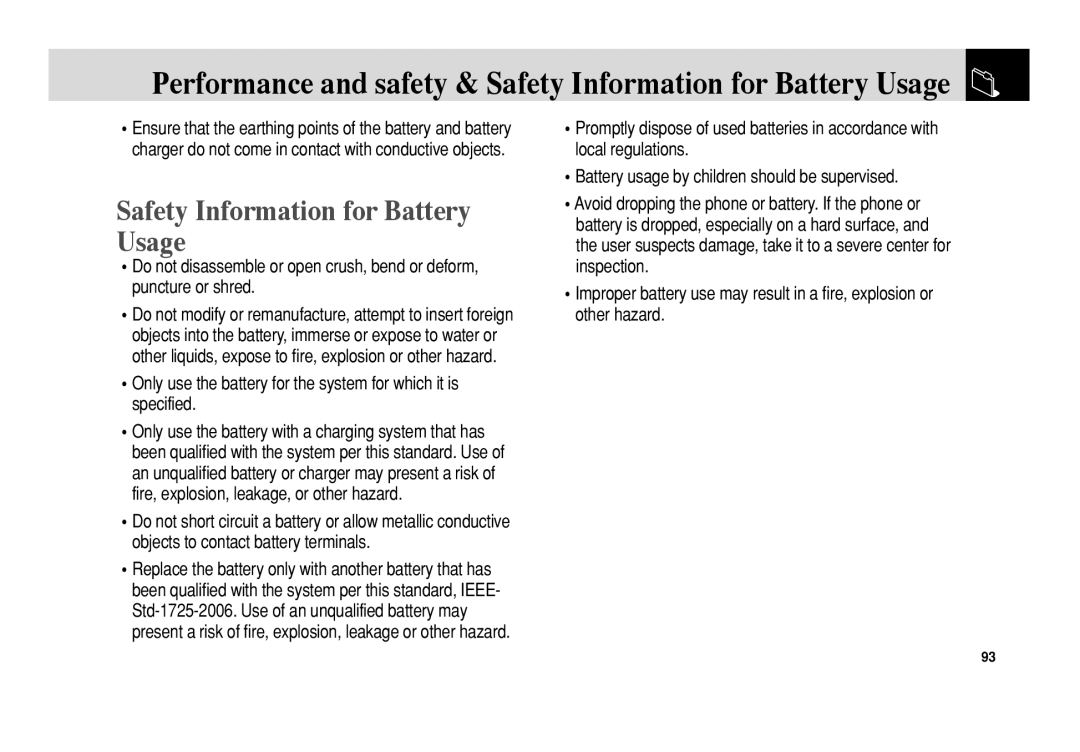 Pantech C150 manual Safety Information for Battery Usage 