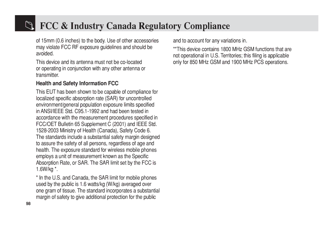 Pantech C150 FCC & Industry Canada Regulatory Compliance, Health and Safety Information FCC, To account for any variations 