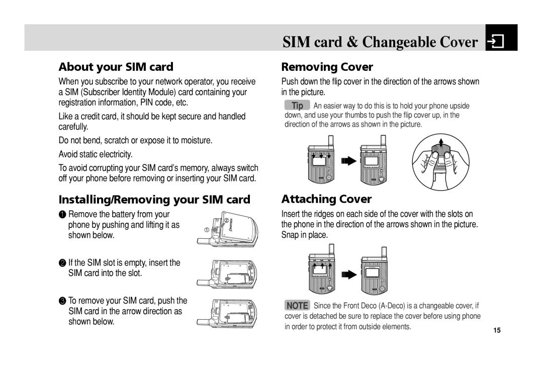 Pantech C3 manual About your SIM card, Installing/Removing your SIM card, Removing Cover, Attaching Cover 