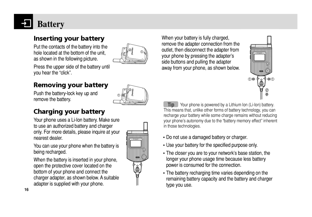 Pantech C3 manual Battery, Inserting your battery, Removing your battery, Charging your battery 