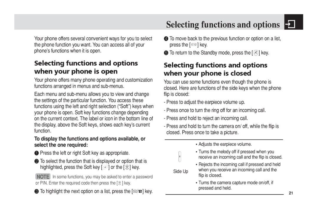 Pantech C3 Selecting functions and options when your phone is open, ❶ Press the left or right Soft key as appropriate 