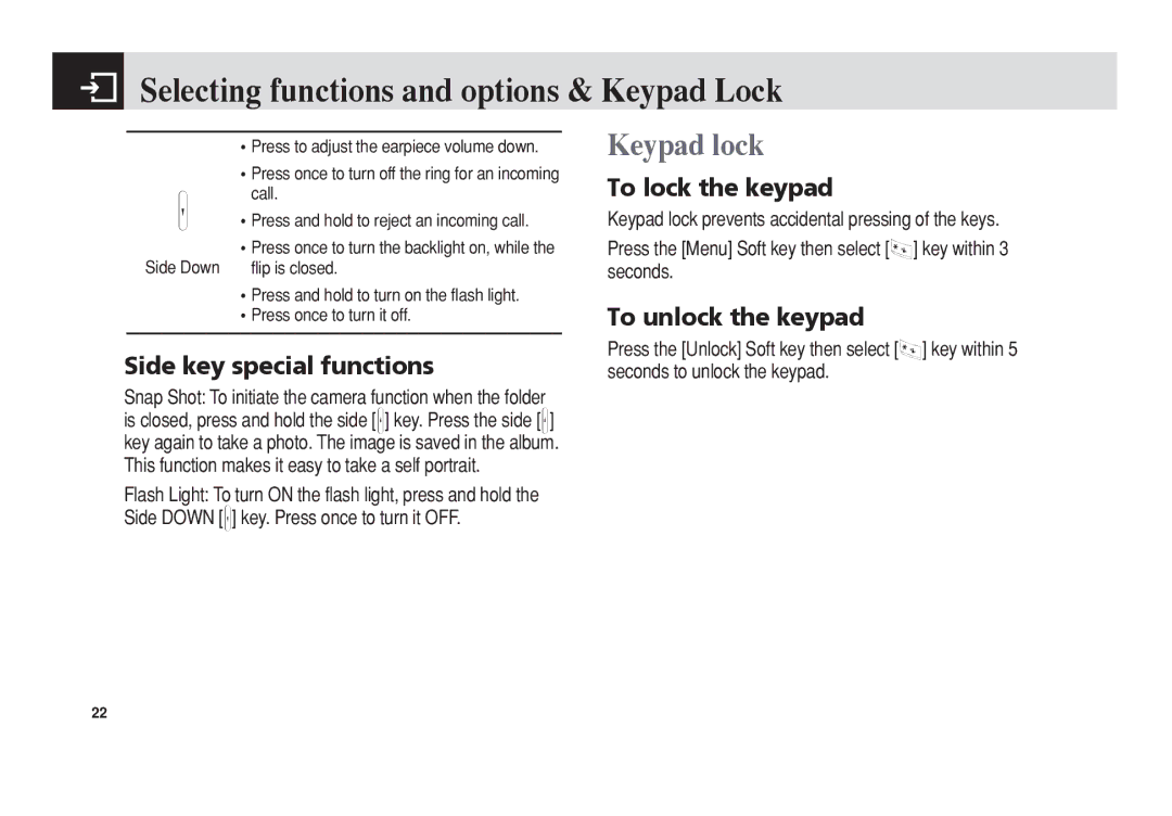 Pantech C3 Selecting functions and options & Keypad Lock, Keypad lock, Side key special functions, To lock the keypad 