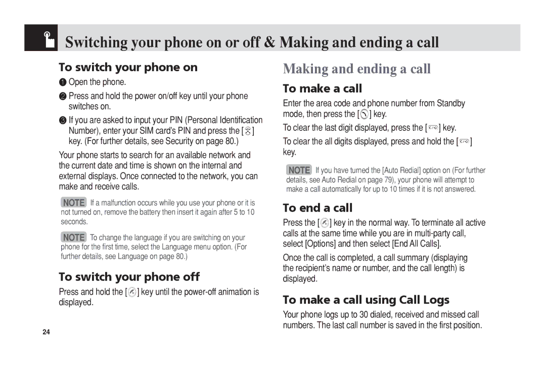 Pantech C3 manual Switching your phone on or off & Making and ending a call 