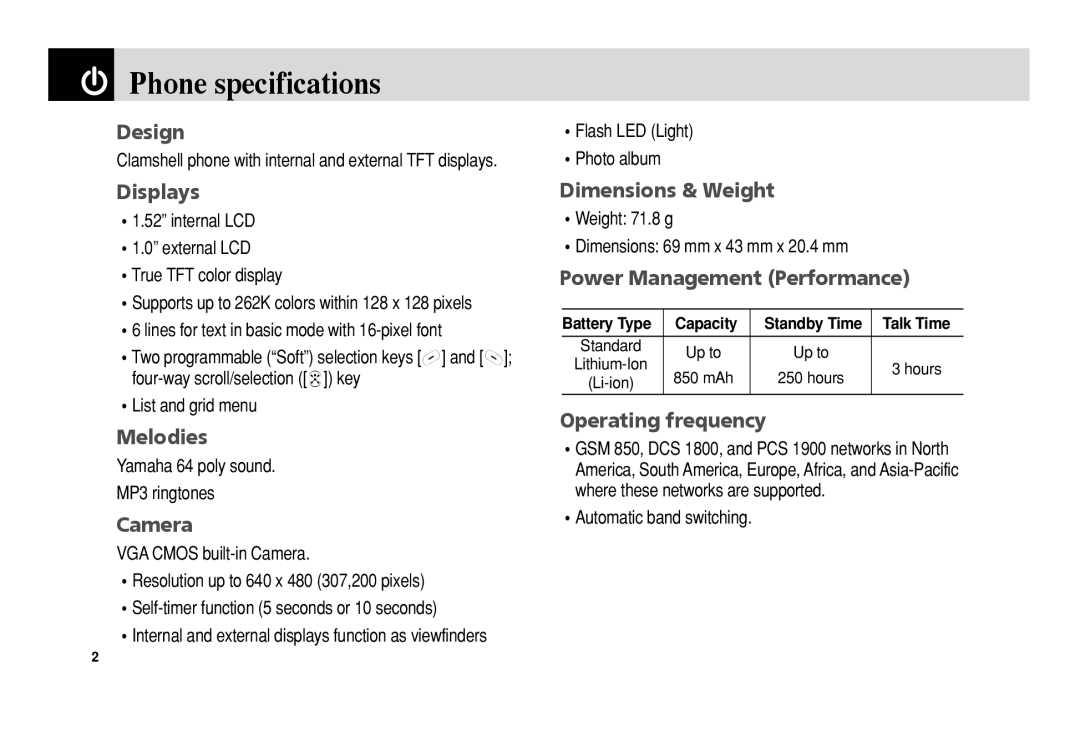 Pantech C3 manual Phone specifications 