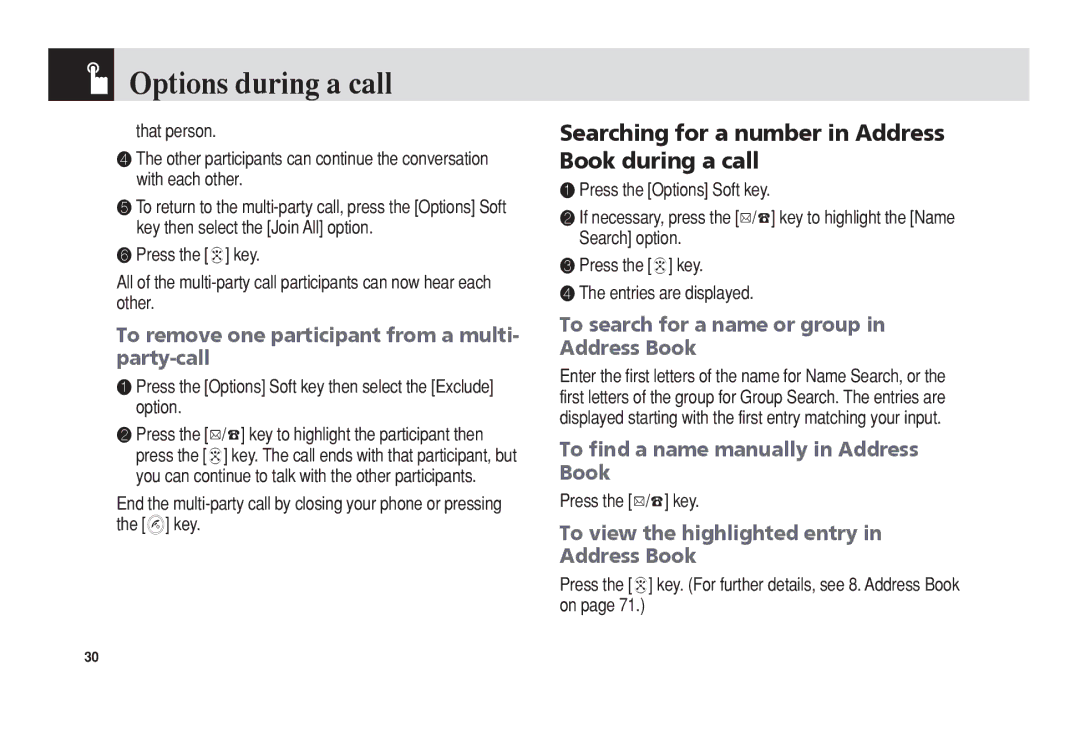 Pantech C3 manual Searching for a number in Address Book during a call, To remove one participant from a multi‐ party‐call 