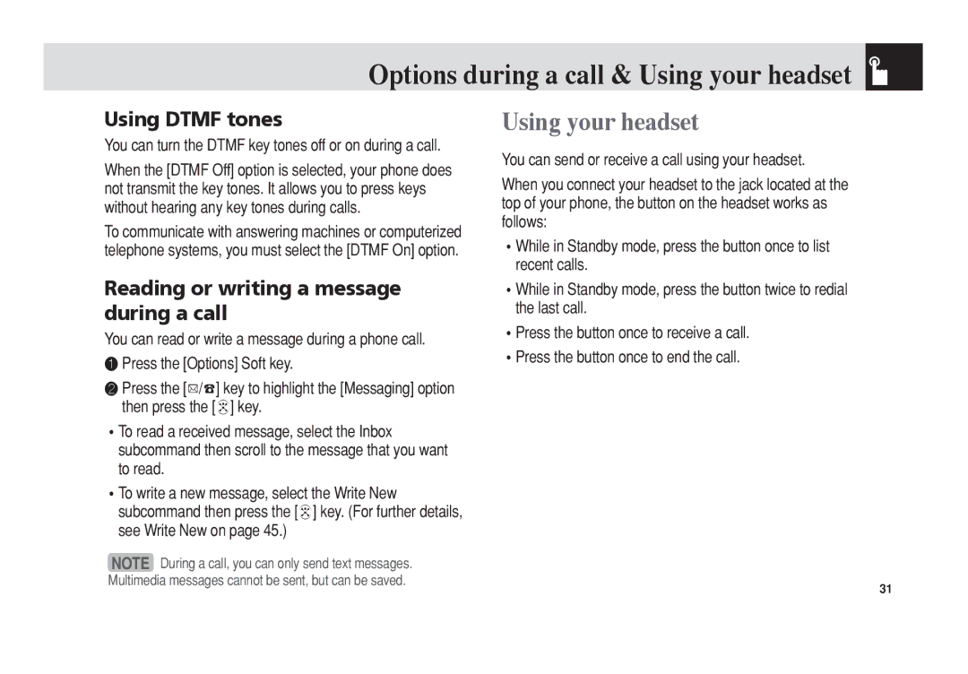 Pantech C3 manual Using your headset, Using Dtmf tones, Reading or writing a message during a call 