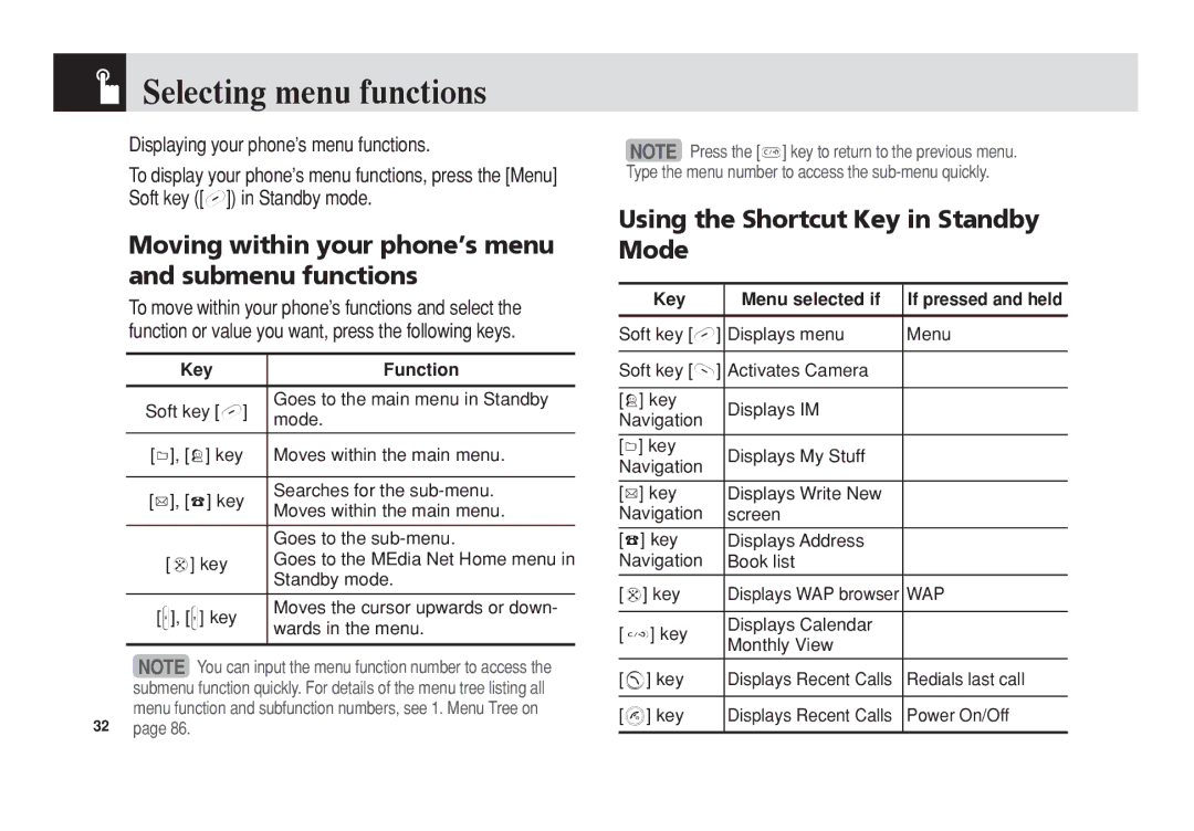 Pantech C3 manual Selecting menu functions, Moving within your phone’s menu and submenu functions 