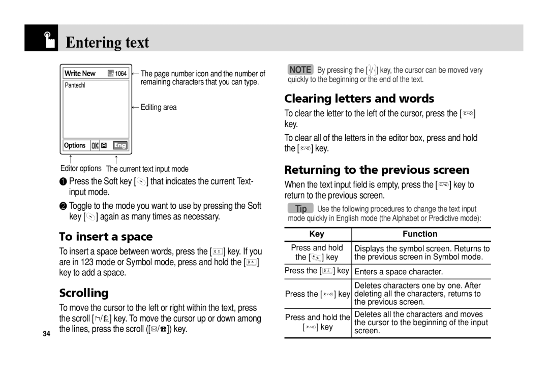 Pantech C3 manual Entering text, To insert a space, Scrolling, Clearing letters and words, Returning to the previous screen 