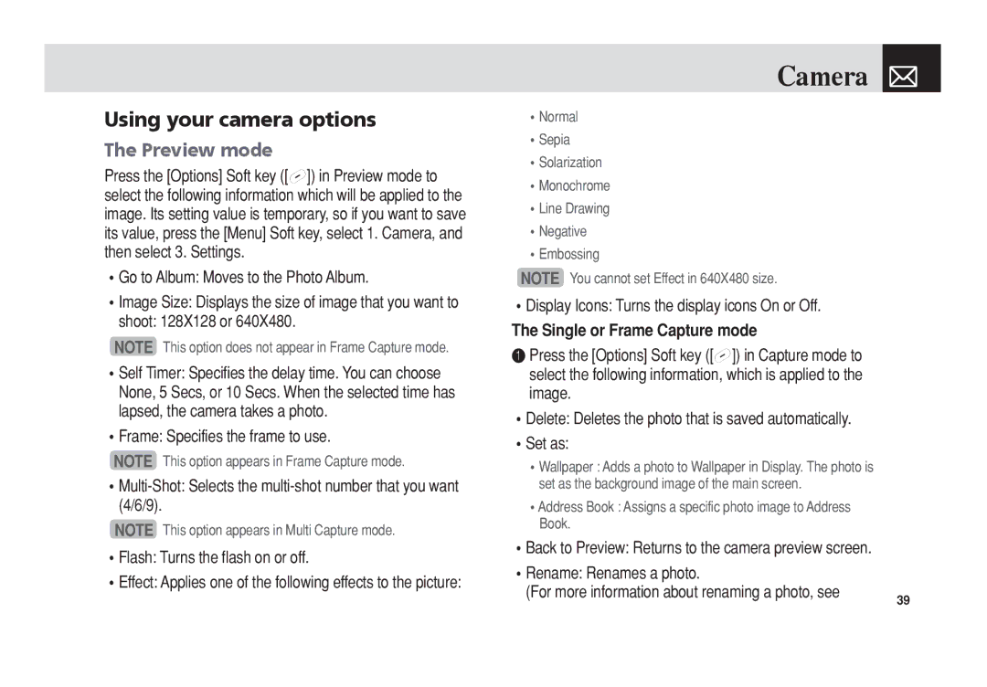 Pantech C3 manual Using your camera options, Preview mode, Display Icons Turns the display icons On or Off 