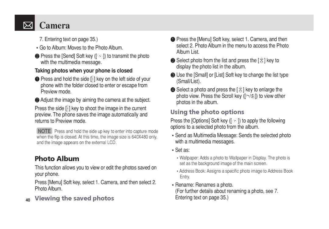 Pantech C3 manual Photo Album, Using the photo options, Viewing the saved photos, Taking photos when your phone is closed 