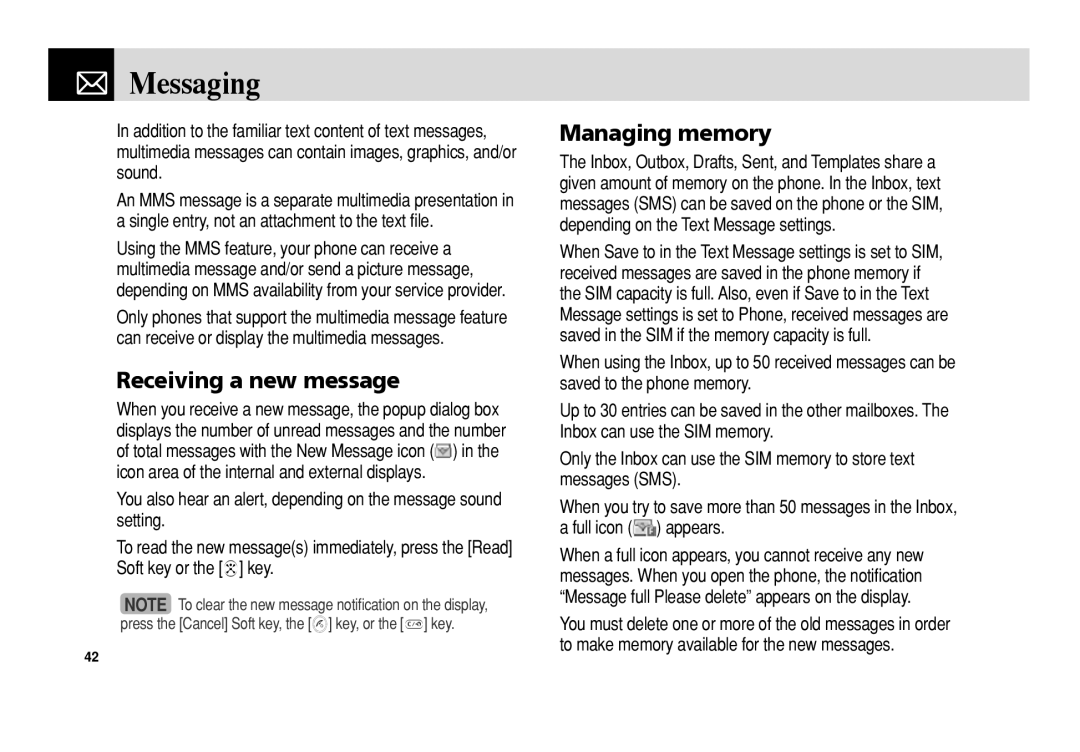 Pantech C3 manual Messaging, Receiving a new message, Managing memory 