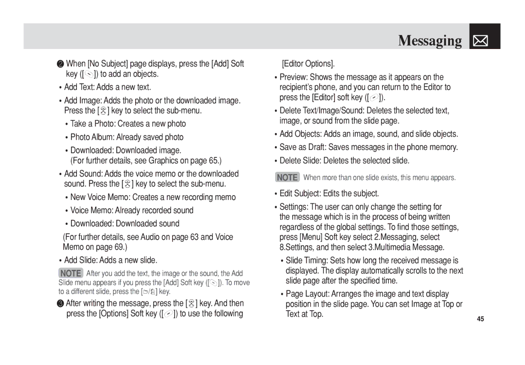 Pantech C3 Editor Options, Press the Editor soft key, Image, or sound from the slide, Slide page after the specified time 