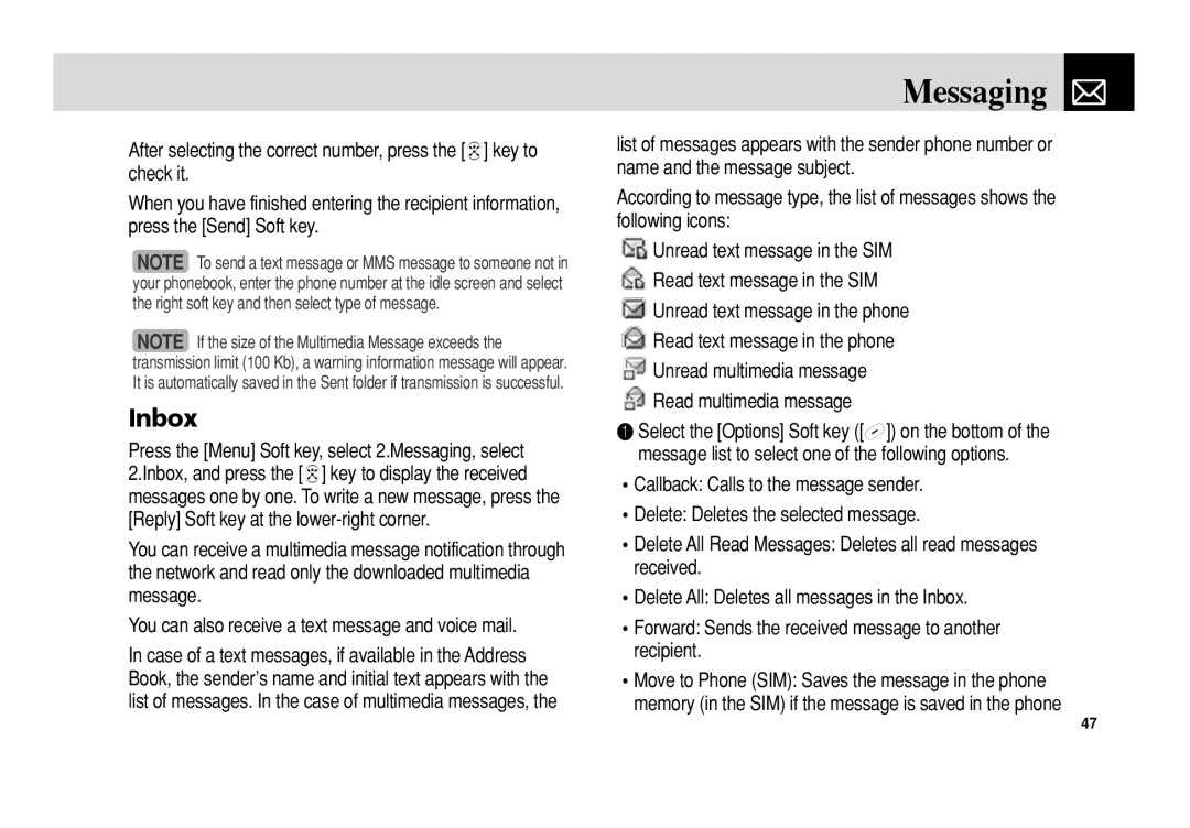 Pantech C3 manual Inbox 