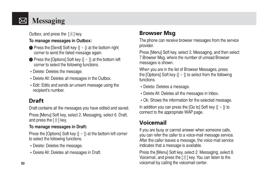 Pantech C3 manual Browser Msg, Voicemail, To manage messages in Outbox, To manage messages in Draft 