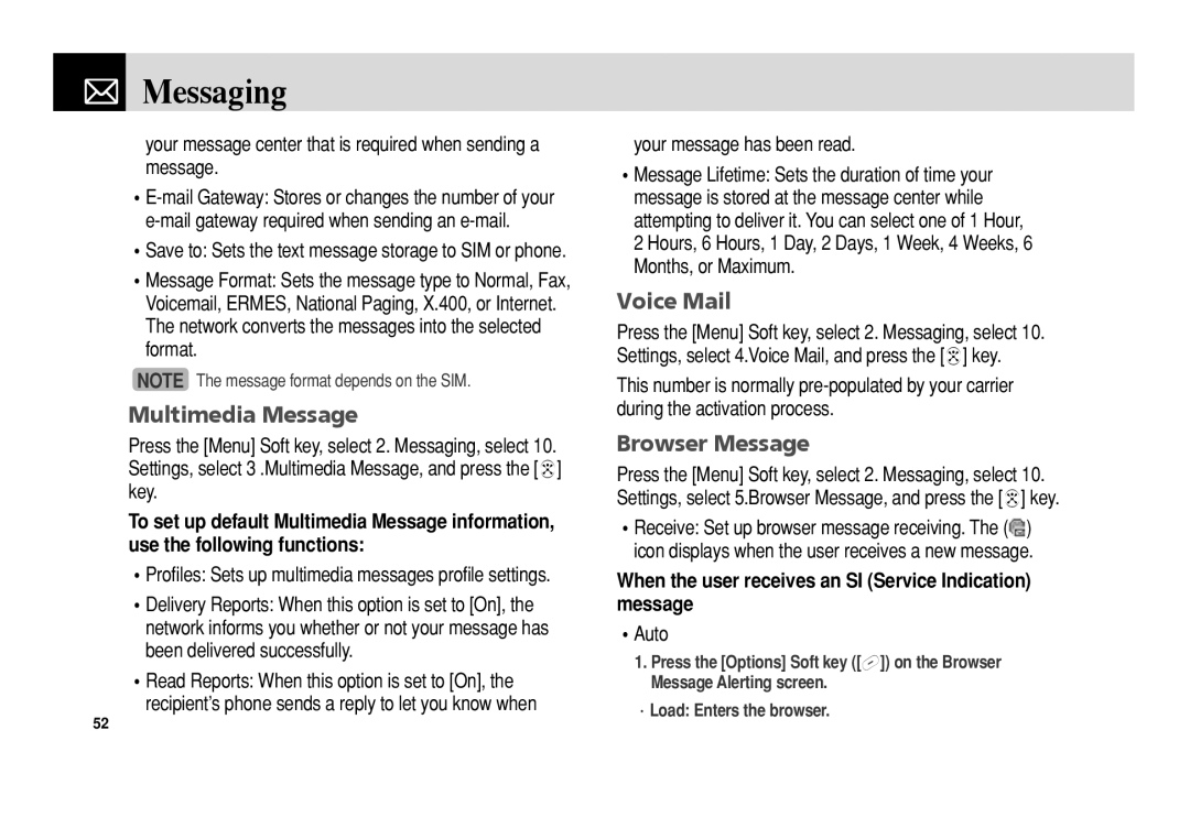 Pantech C3 manual Voice Mail, Browser Message, When the user receives an SI Service Indication message 