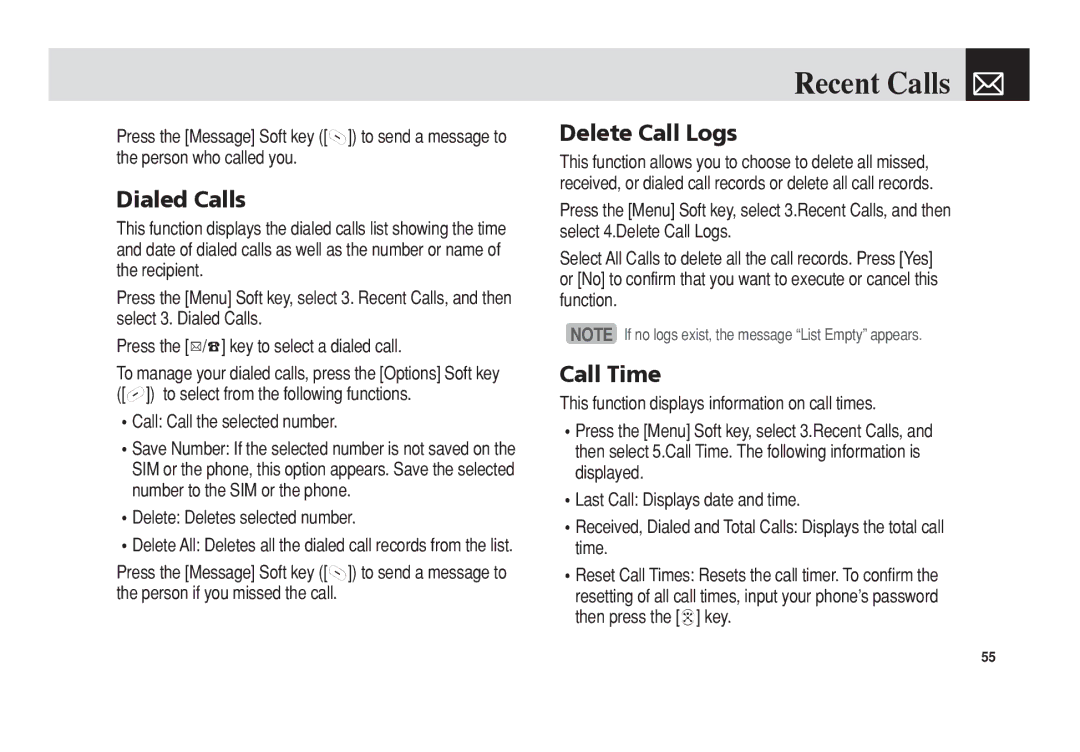 Pantech C3 manual Dialed Calls, Delete Call Logs, Call Time, Delete Deletes selected number 