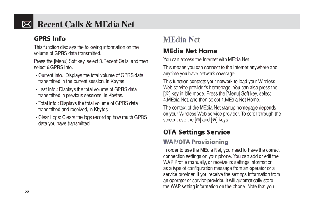 Pantech C3 manual Recent Calls & MEdia Net, Gprs Info, MEdia Net Home, OTA Settings Service 