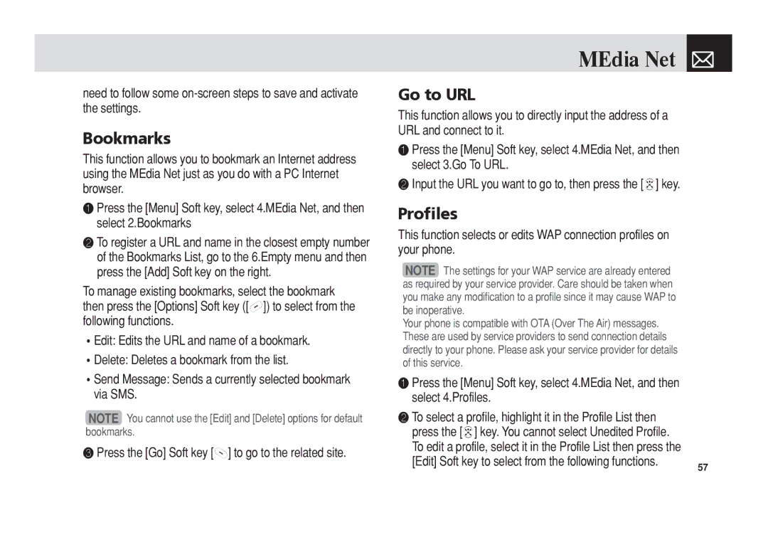 Pantech C3 manual MEdia Net, Bookmarks, Go to URL, Profiles 