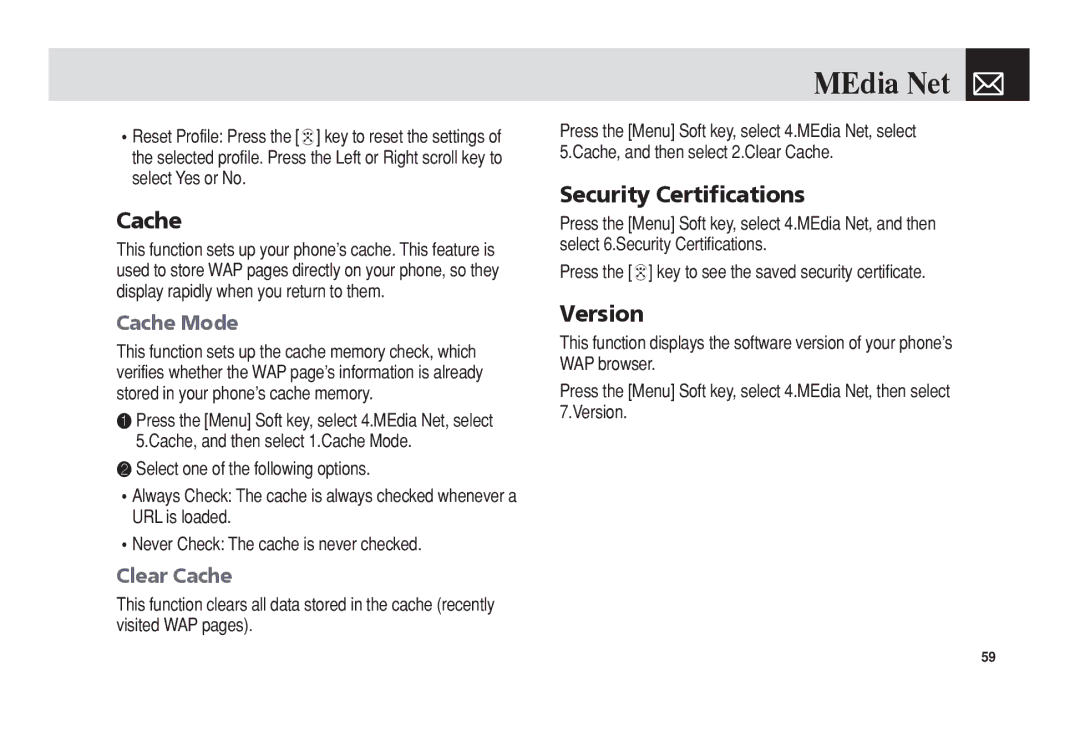 Pantech C3 manual Security Certifications, Version, Cache Mode, Clear Cache 