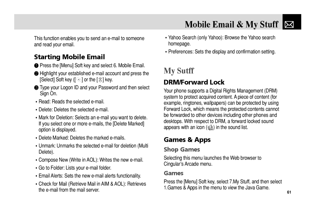 Pantech C3 manual Mobile Email & My Stuff, My Sutff, Starting Mobile Email, DRM/Forward Lock, Games & Apps 