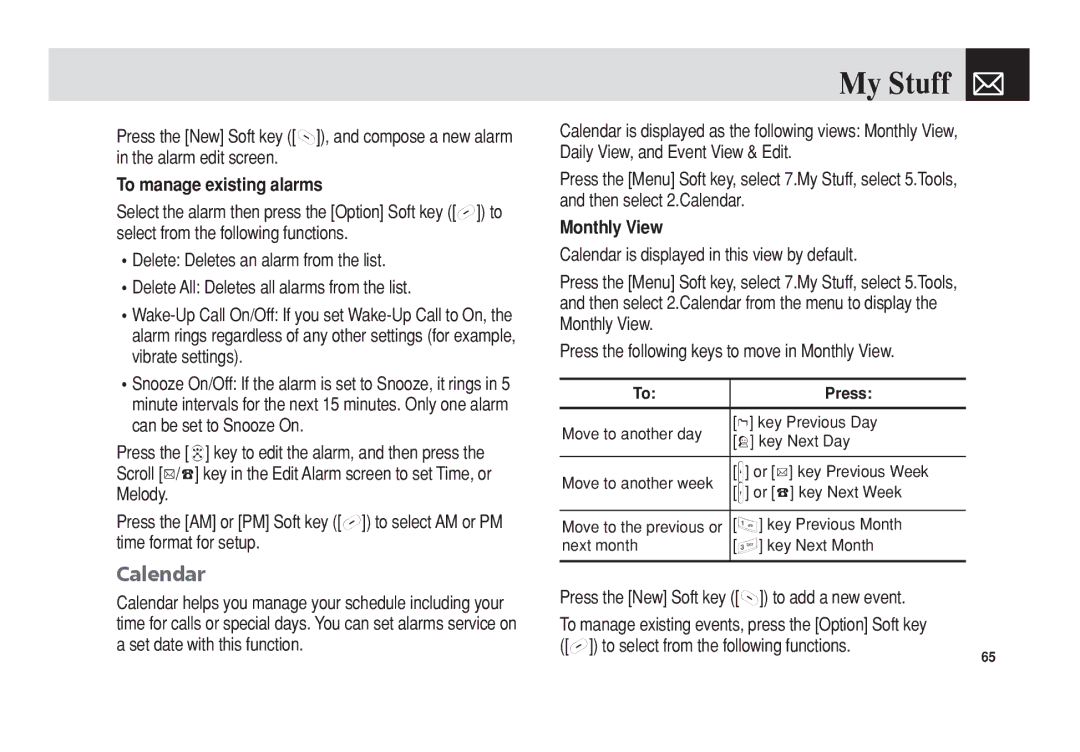 Pantech C3 manual Calendar, To manage existing alarms, Monthly View, Press the New Soft key to add a new event 