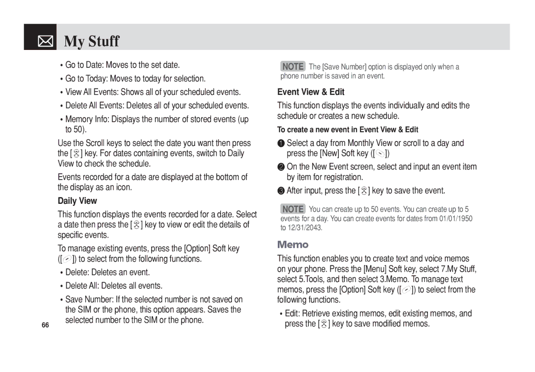 Pantech C3 manual Memo, Daily View, Event View & Edit 