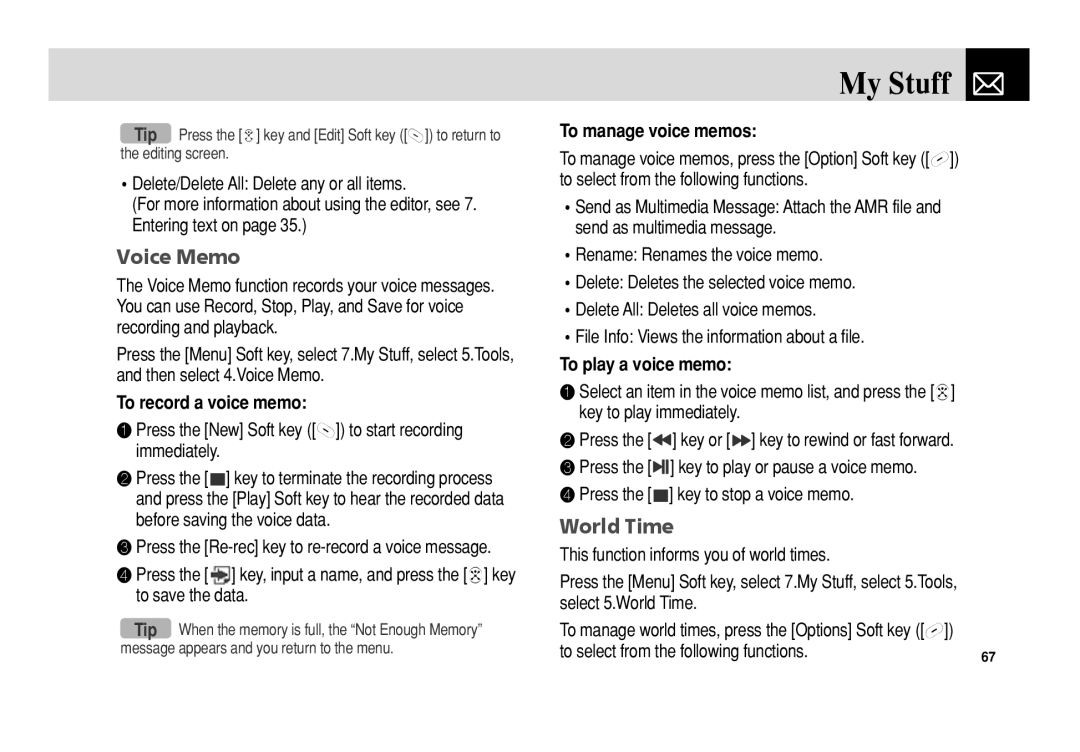 Pantech C3 manual Voice Memo, World Time, To record a voice memo, To manage voice memos, To play a voice memo 