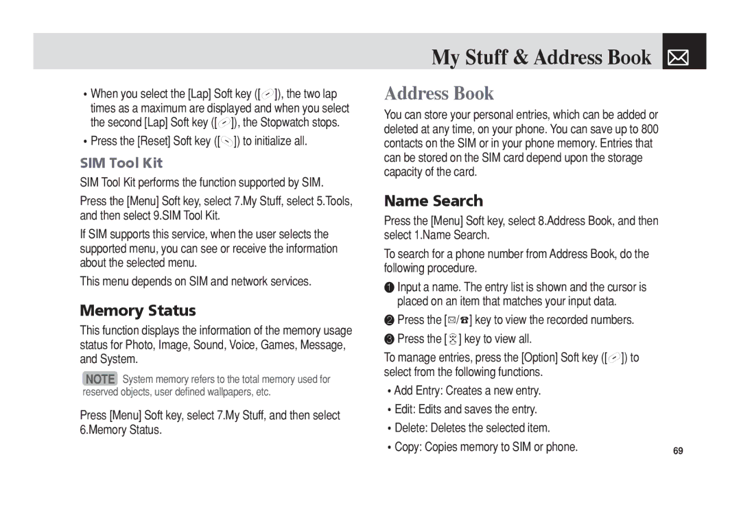 Pantech C3 manual My Stuff & Address Book, Memory Status, Name Search, SIM Tool Kit 