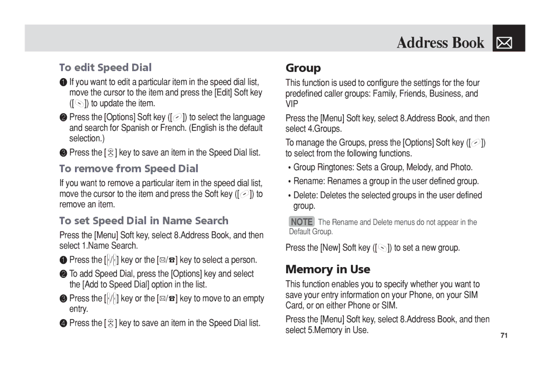 Pantech C3 manual Group, Memory in Use, To edit Speed Dial, To remove from Speed Dial, To set Speed Dial in Name Search 