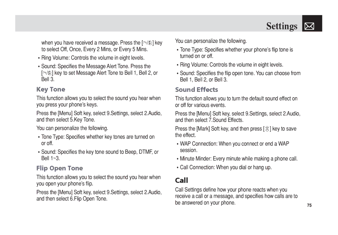 Pantech C3 manual Call, Key Tone, Flip Open Tone, Sound Effects 