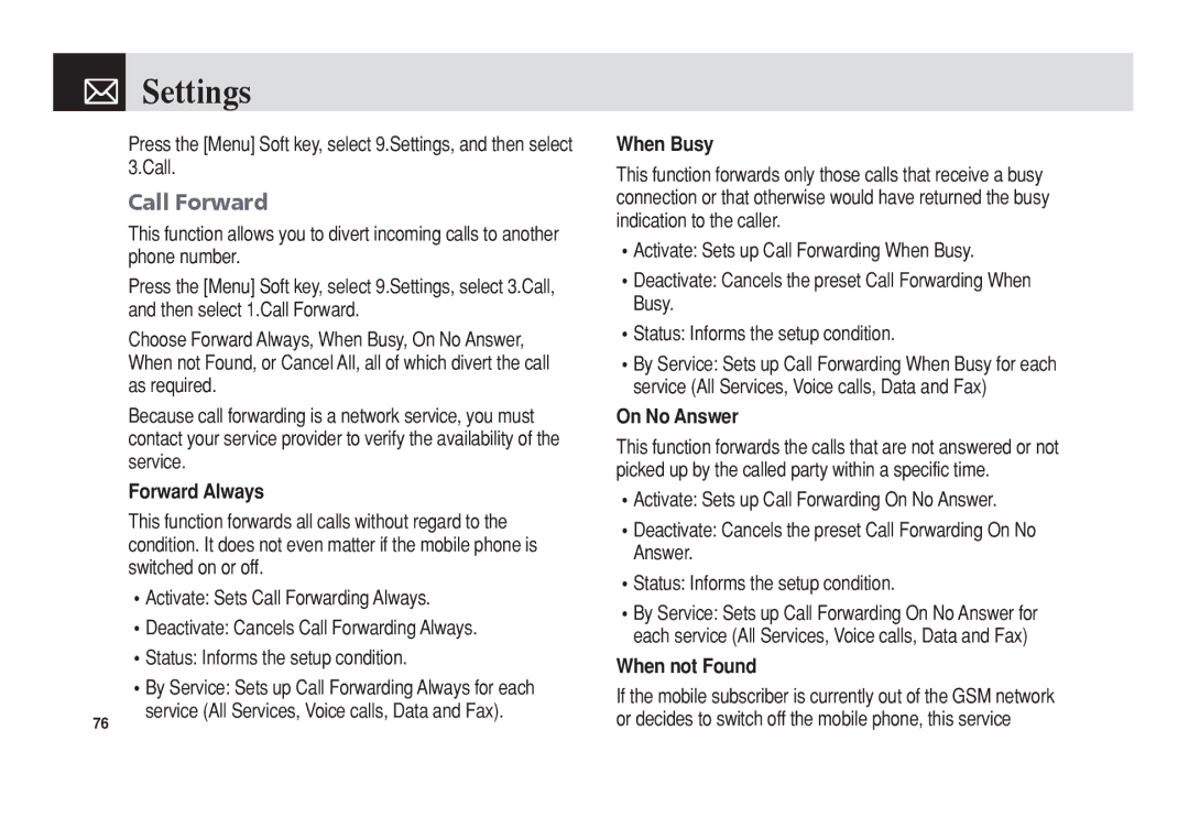 Pantech C3 manual Call Forward, Forward Always, When Busy, On No Answer, When not Found 