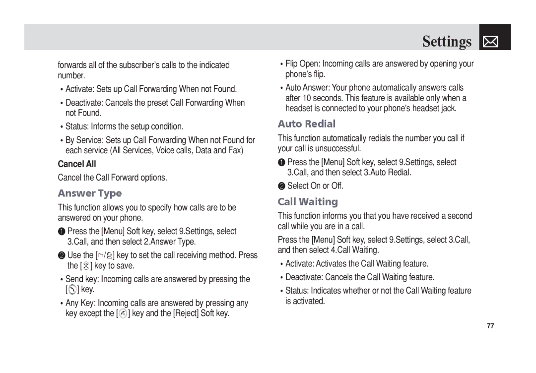 Pantech C3 manual Answer Type, Auto Redial, Call Waiting, Cancel All 