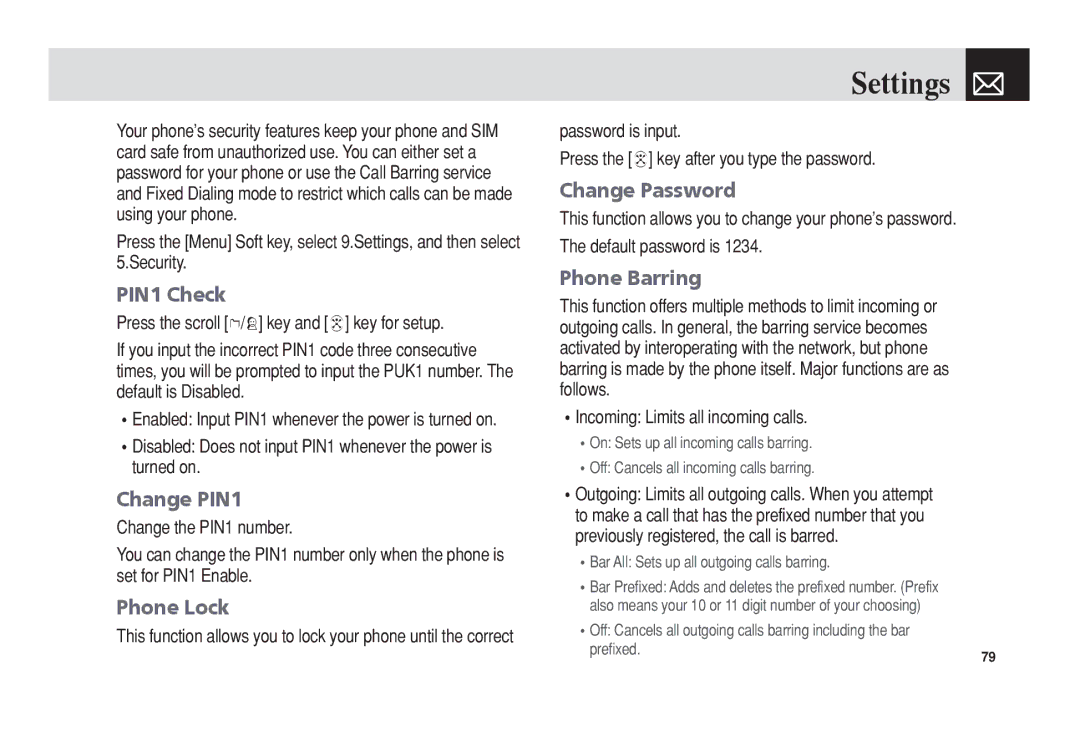 Pantech C3 manual PIN1 Check, Change PIN1, Phone Lock, Change Password, Phone Barring 