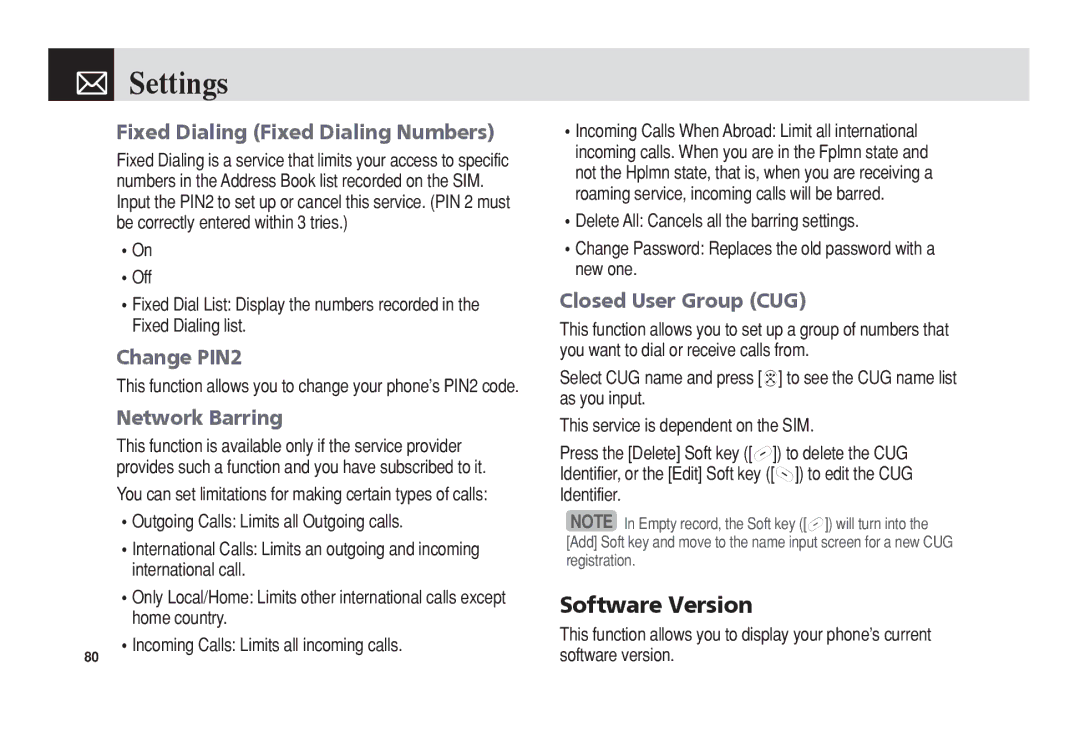 Pantech C3 Software Version, Fixed Dialing Fixed Dialing Numbers, Change PIN2, Network Barring, Closed User Group CUG 