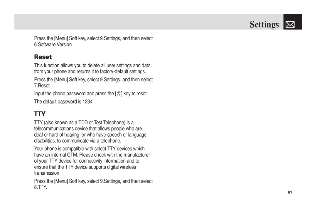 Pantech C3 manual Reset, Tty 