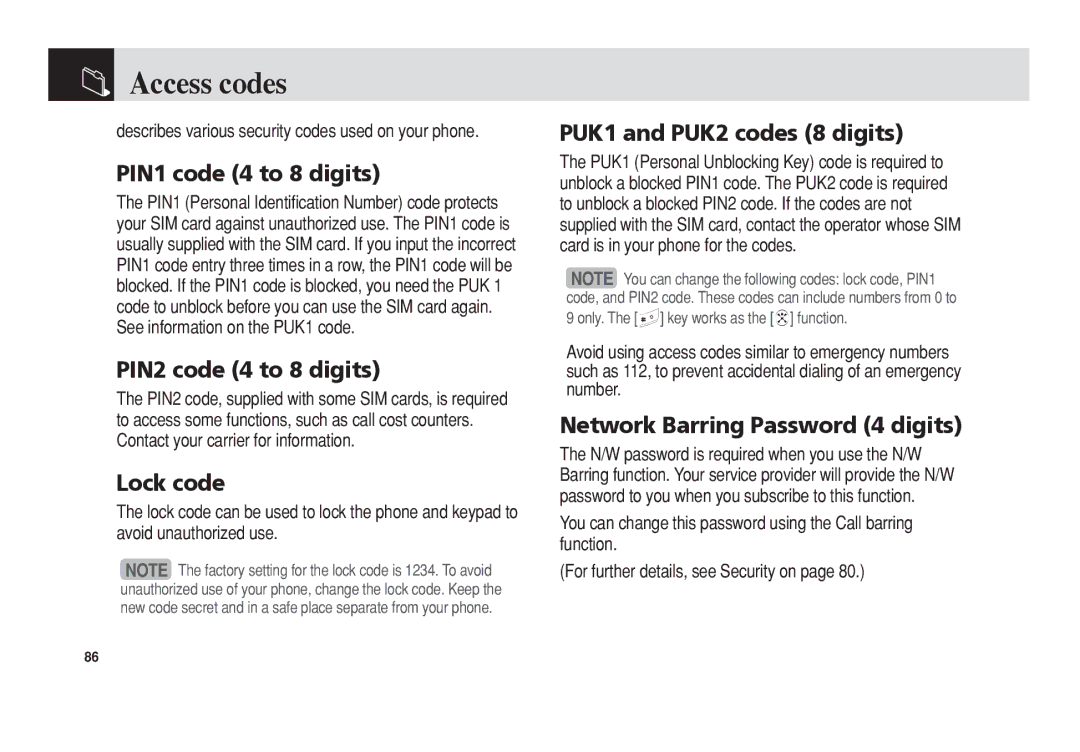 Pantech C3 manual Access codes 