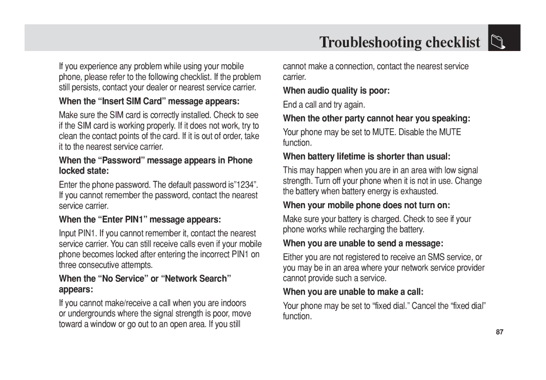 Pantech C3 manual Troubleshooting checklist 