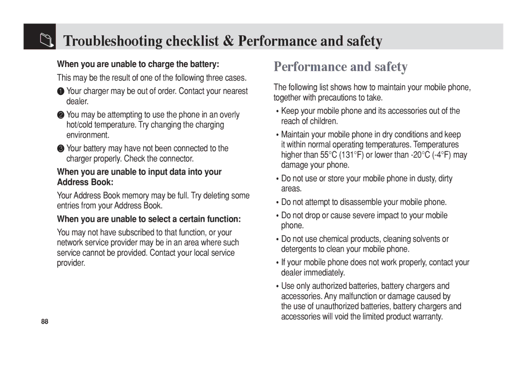 Pantech C3 manual Troubleshooting checklist & Performance and safety, When you are unable to charge the battery 