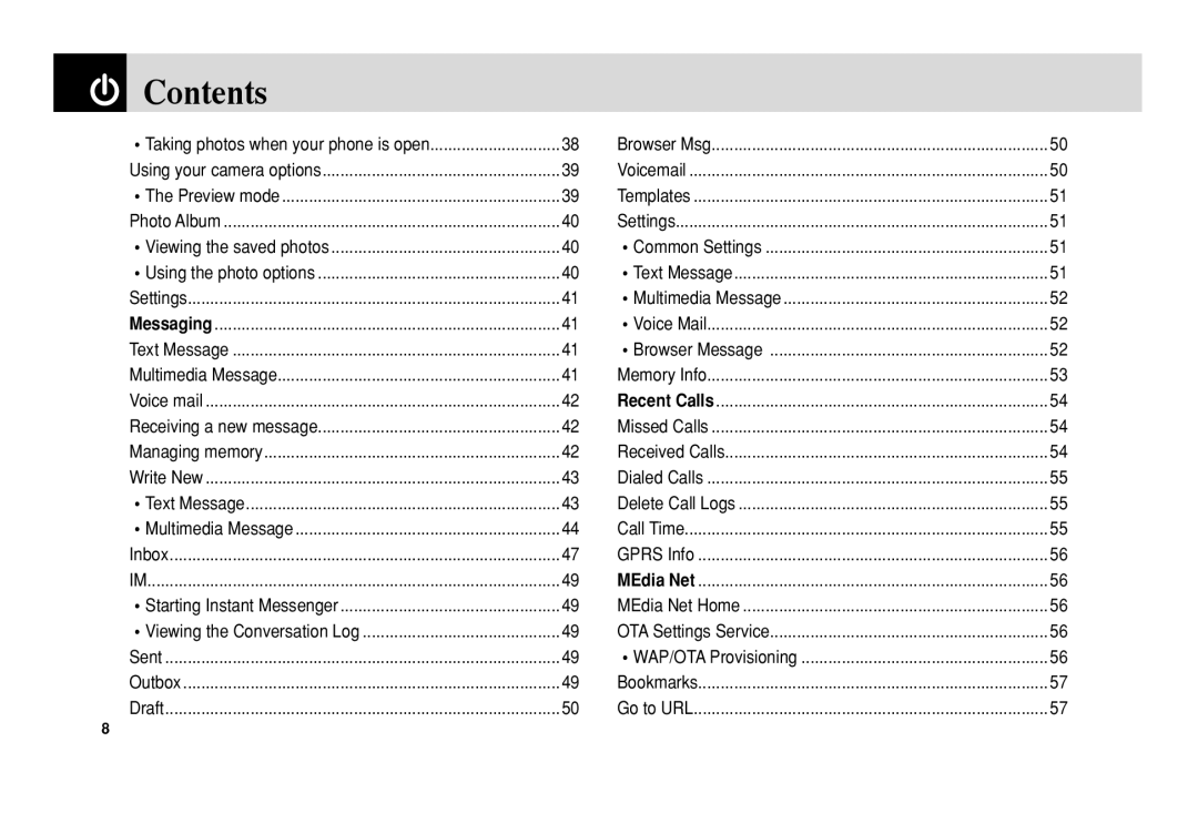 Pantech C3 manual Contents 