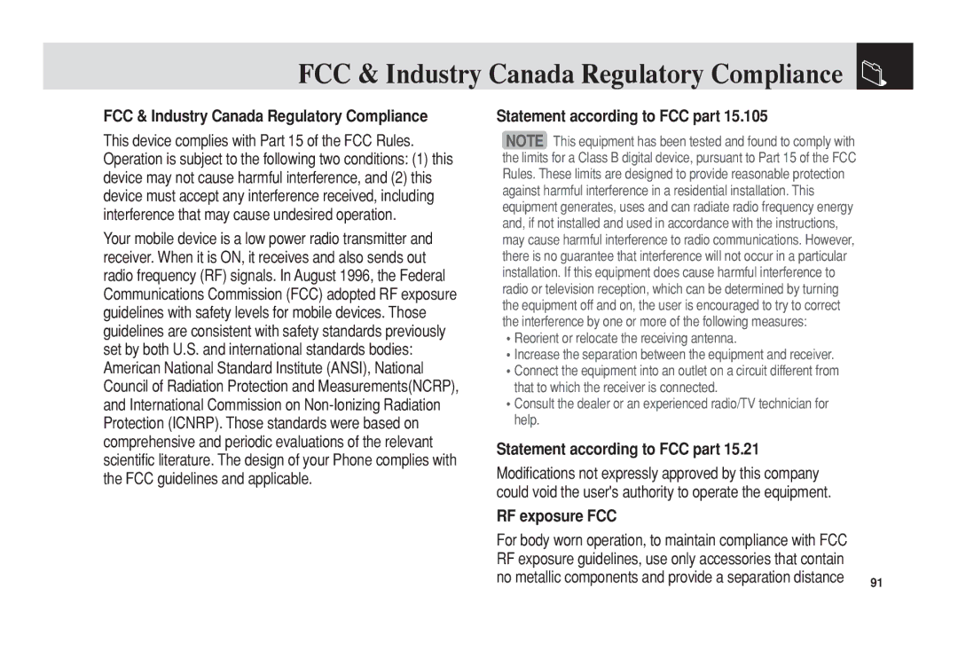 Pantech C3 manual FCC & Industry Canada Regulatory Compliance, Statement according to FCC part, RF exposure FCC 